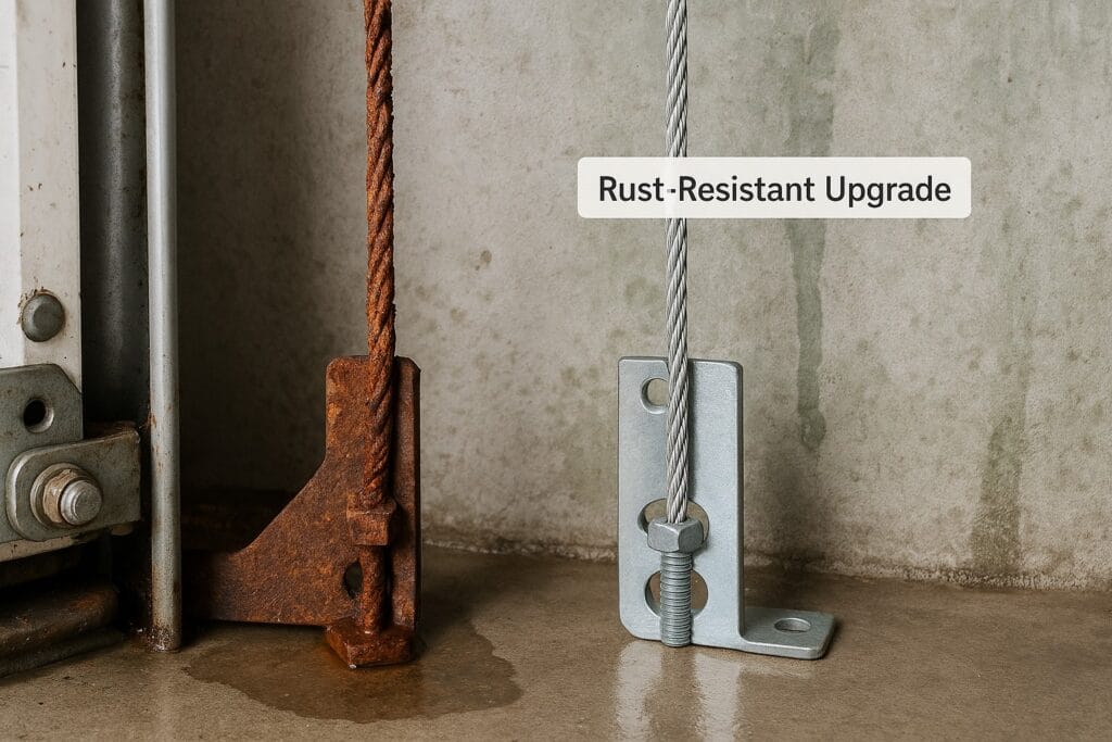 Side-by-side comparison of a rusted garage door cable and bracket with a rust-resistant upgraded version, emphasizing the benefits of garage door cable replacement.