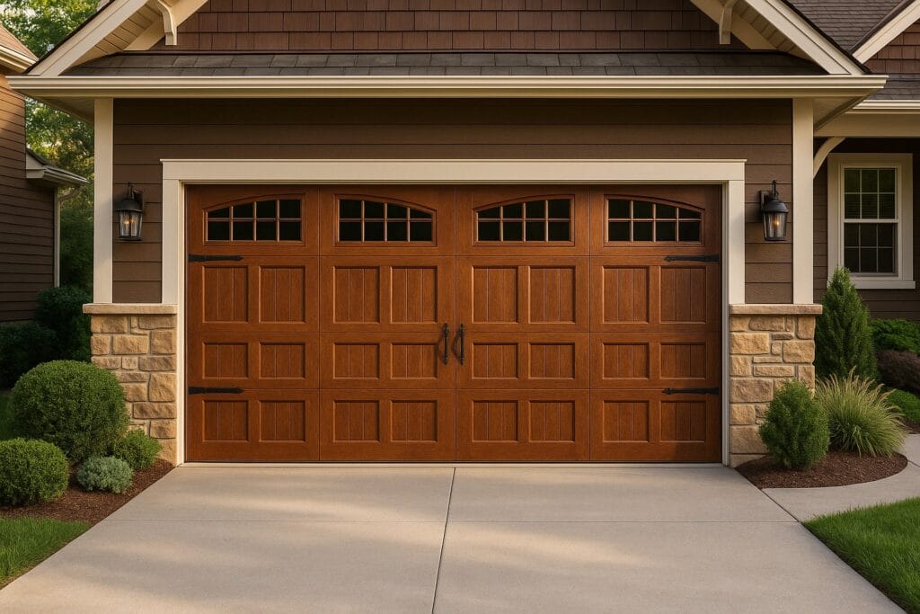 Elegant new garage door with wood finish and arched windows on a suburban home.