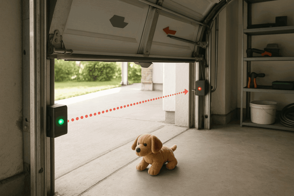 Garage door safety sensors detecting toy dog in doorway, preventing accidents and highlighting importance of garage door repairs.