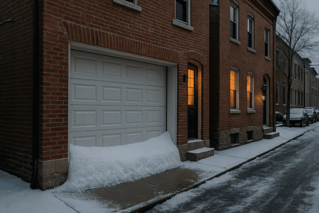 Snow piled against garage door in winter, creating blockages that require garage door repairs and maintenance.