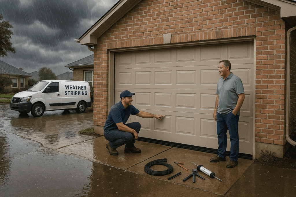 Technician installing garage door weather stripping in the rain to protect against water damage and improve storm resistance.