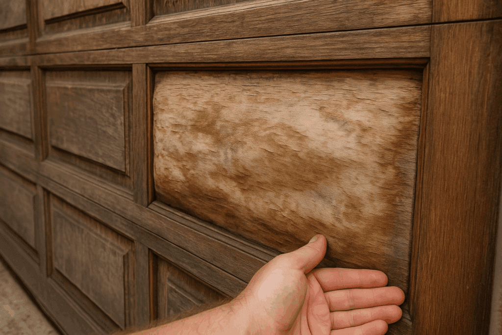Hand inspecting warped wood panel in need of repair garage door service.