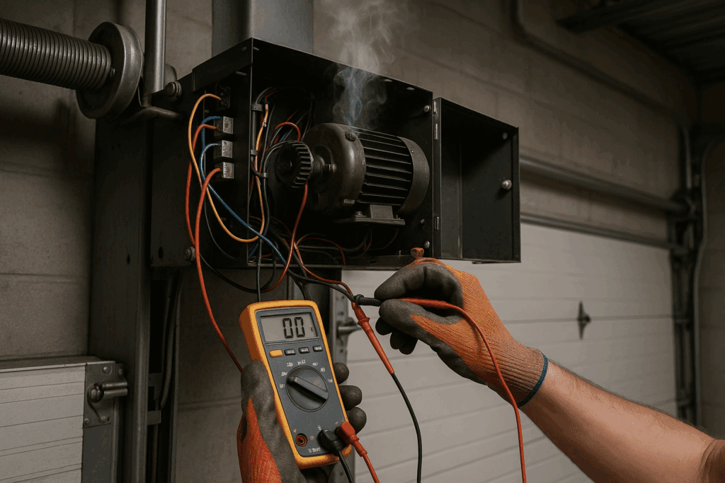 Technician troubleshooting faulty opener wiring during commercial garage door repair.
