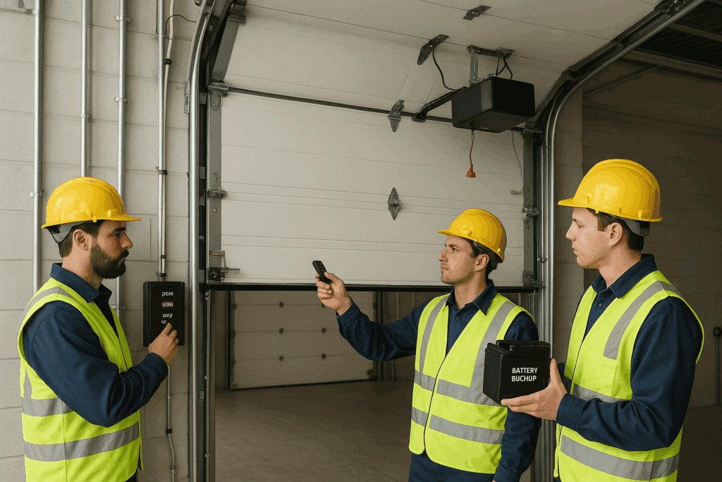 Technicians testing opener and backup system during commercial garage door repair.