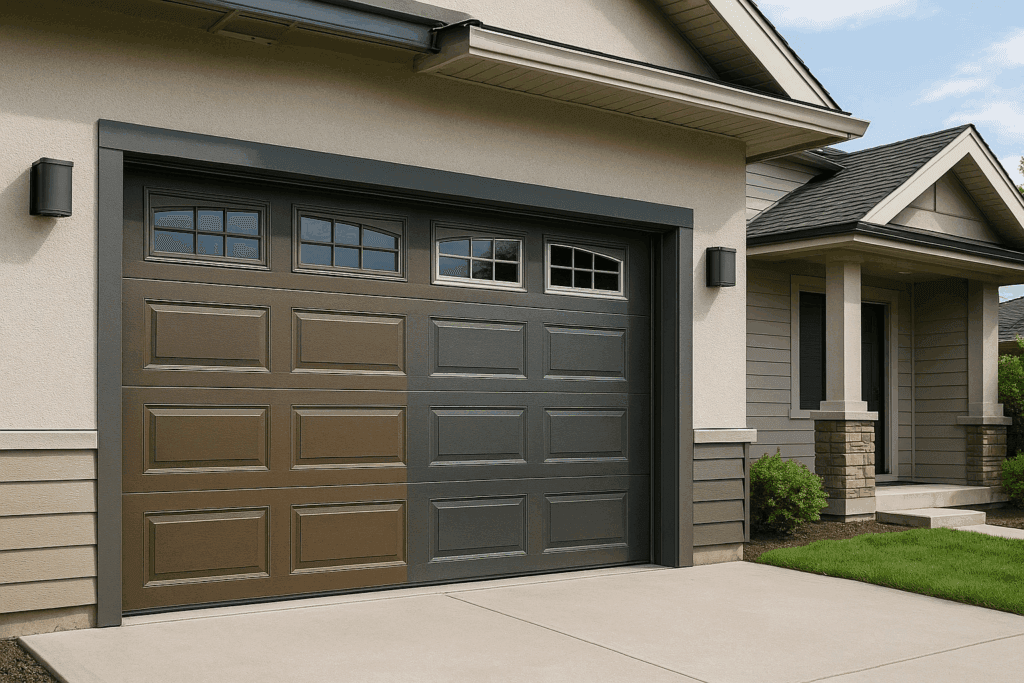sectional panel design modern garage doors with decorative windows on suburban home.