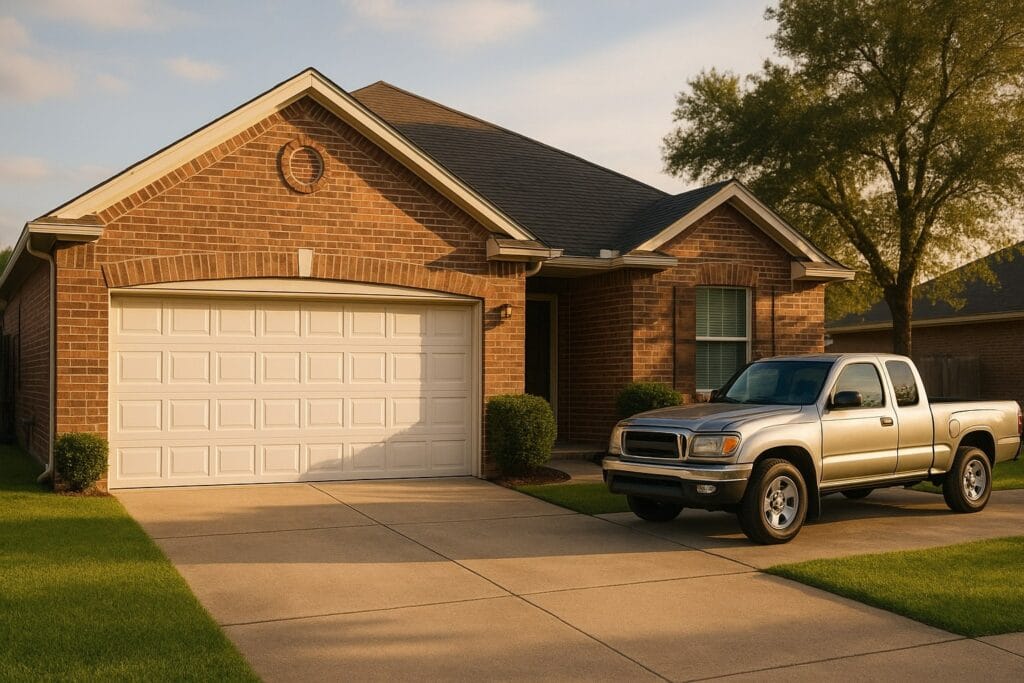 Suburban home with a newly serviced white garage door and well-maintained driveway, showcasing curb appeal and reliable home maintenance.
