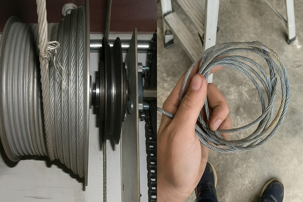 Close-up of a frayed garage door cable on a drum and a technician holding a worn replacement cable during a garage door tune-up.