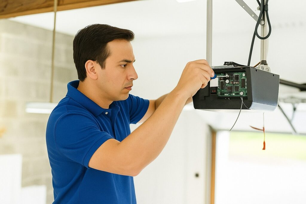 Professional technician performing a garage door tune-up by inspecting and adjusting the garage door opener mechanism.