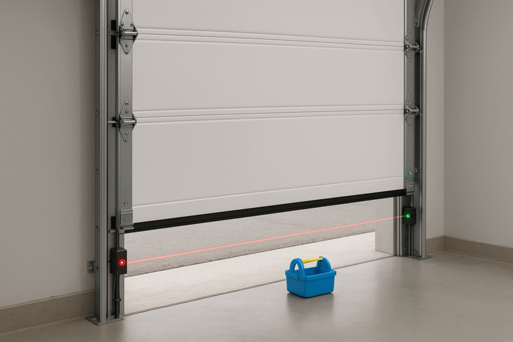 A small blue toolbox blocks the safety sensor beam beneath automatic garage doors, causing a red and green indicator light to activate.