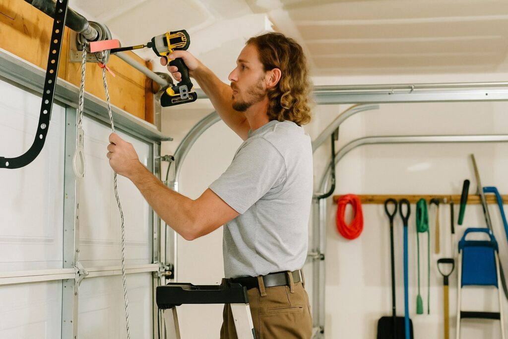 Garage door repair technician adjusting the opener and lift cable with a drill.