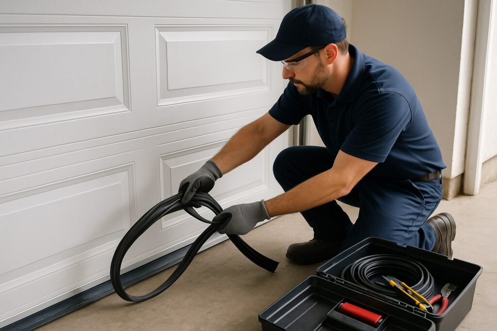 Garage door repair technician installing a new bottom seal with tools beside the door.